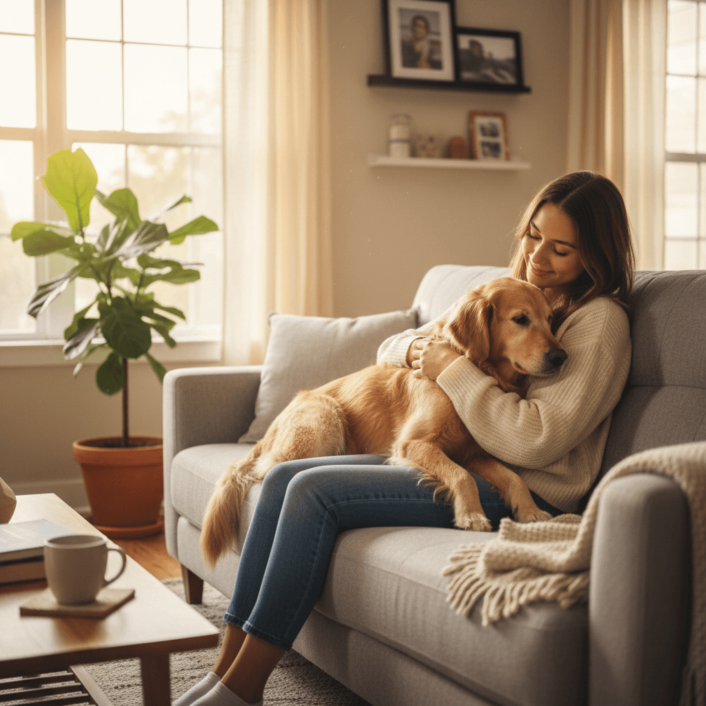 Woman relaxing with her golden retriever on a couch